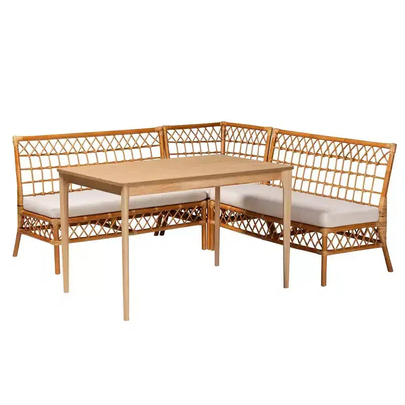 bali & pari 4pc Adora Rattan Dining Nook Set: Bohemian Style, Cushioned Seating, Rubberwood Table