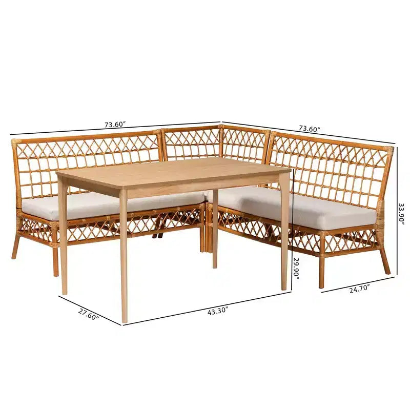 Rincón de comedor Adora Rattan: Estilo bohemio, Asientos acolchados, Mesa de madera de caucho