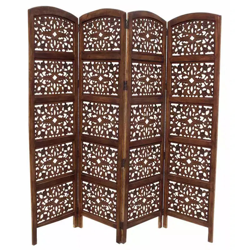 The Urban Port Handmade Foldable 4 Panel Wooden Partition Screen Room Divider Dark Brown