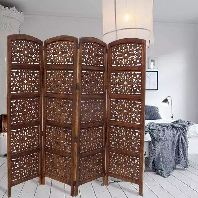 Separador de ambientes plegable hecho a mano de 4 paneles de madera, color marrón oscuro
