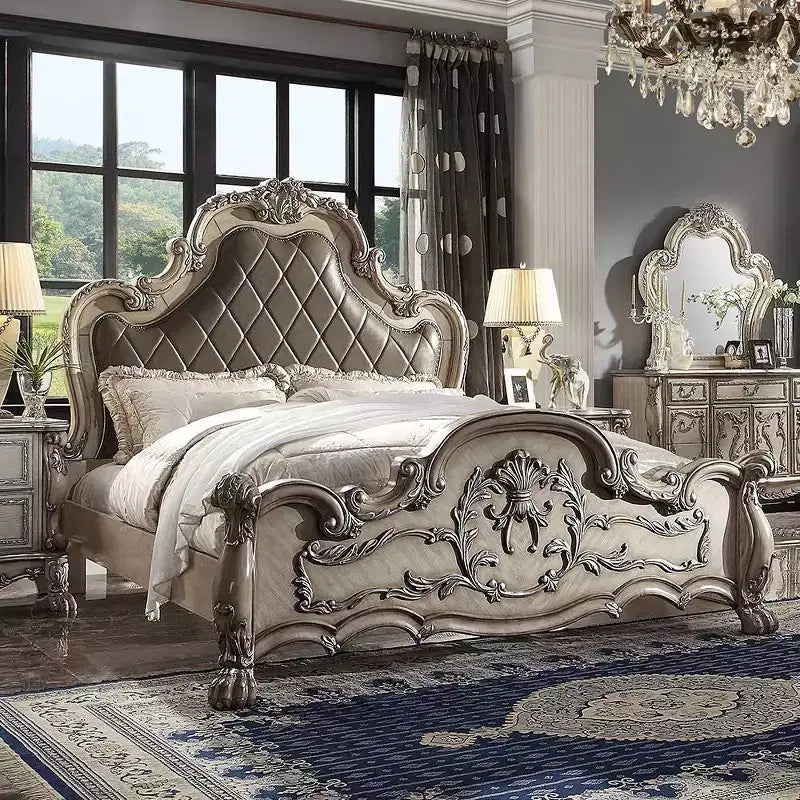 Cama California King "Dresden 96" hueso vintage: estilo victoriano, piel capitonada, no necesita somier