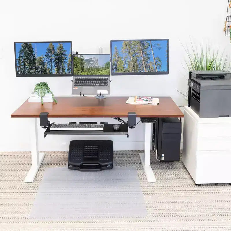 Base de escritorio elevable eléctrica de doble motor blanca con tablero marrón extra ancho