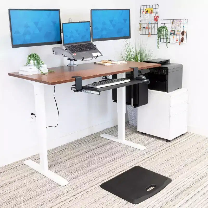 Base de escritorio elevable eléctrica de doble motor blanca con tablero marrón extra ancho