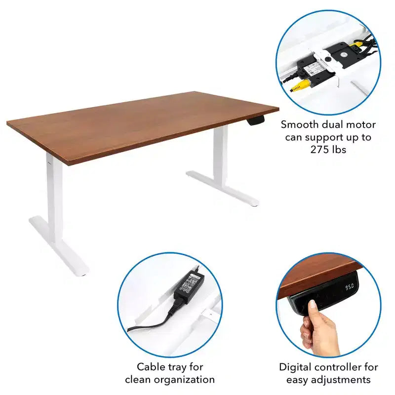 Base de escritorio elevable eléctrica de doble motor blanca con tablero marrón extra ancho