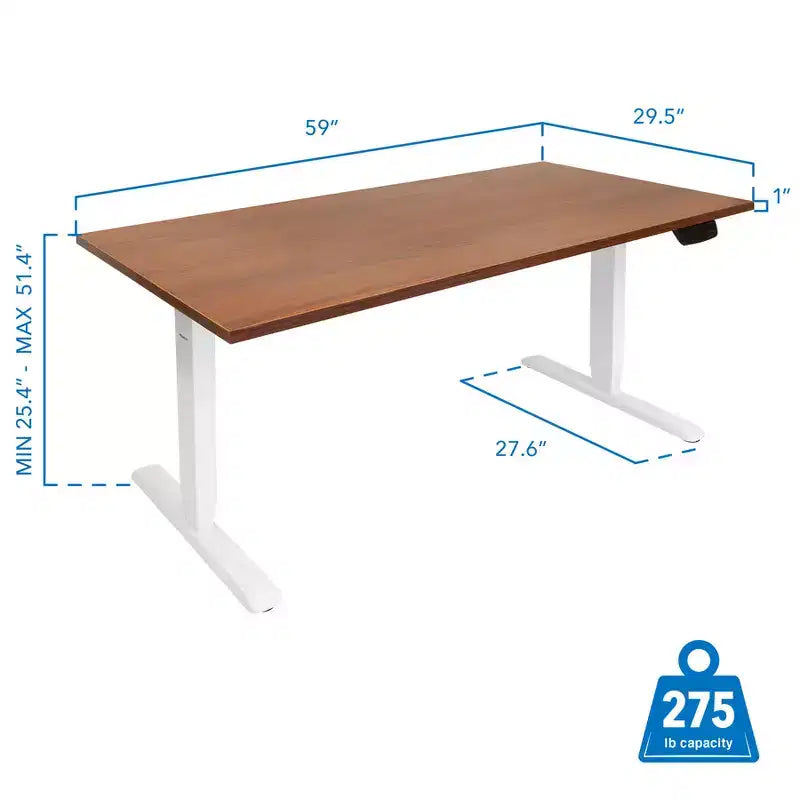 Base de escritorio elevable eléctrica de doble motor blanca con tablero marrón extra ancho