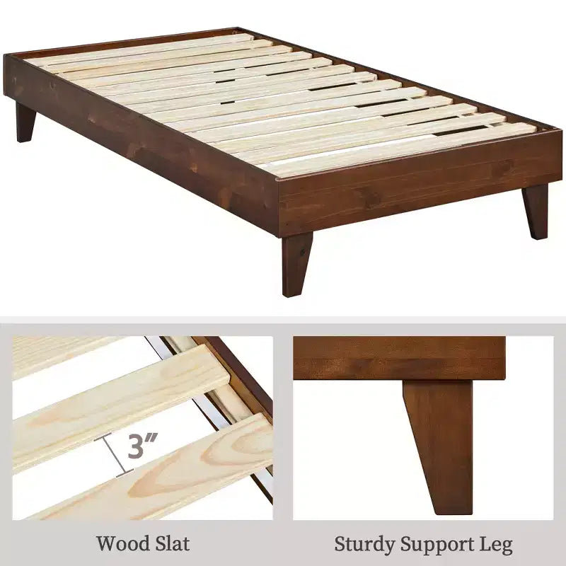 Base de cama de madera con plataforma y soporte de listones de madera
