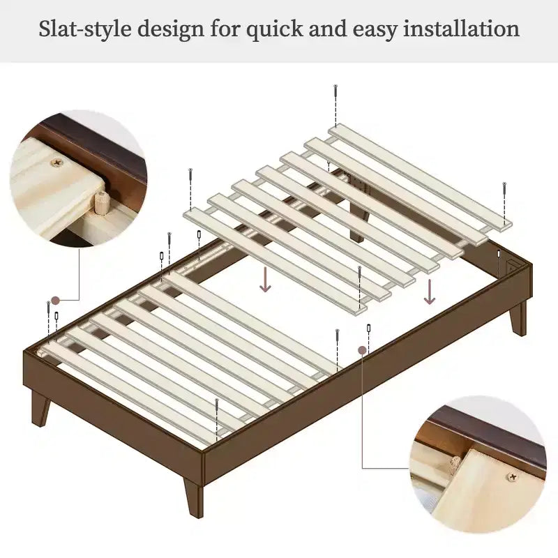 Base de cama de madera con plataforma y soporte de listones de madera