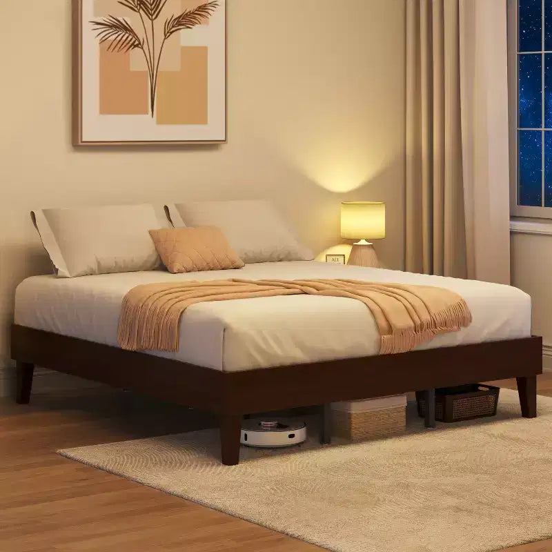 Base de cama de madera con plataforma y soporte de listones de madera