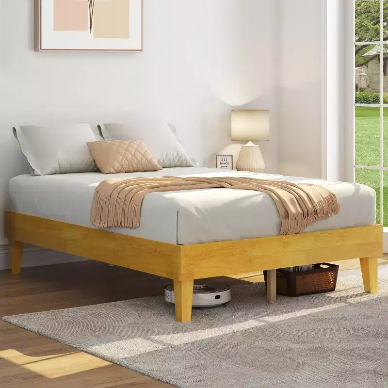 Base de cama de madera con plataforma y soporte de listones de madera