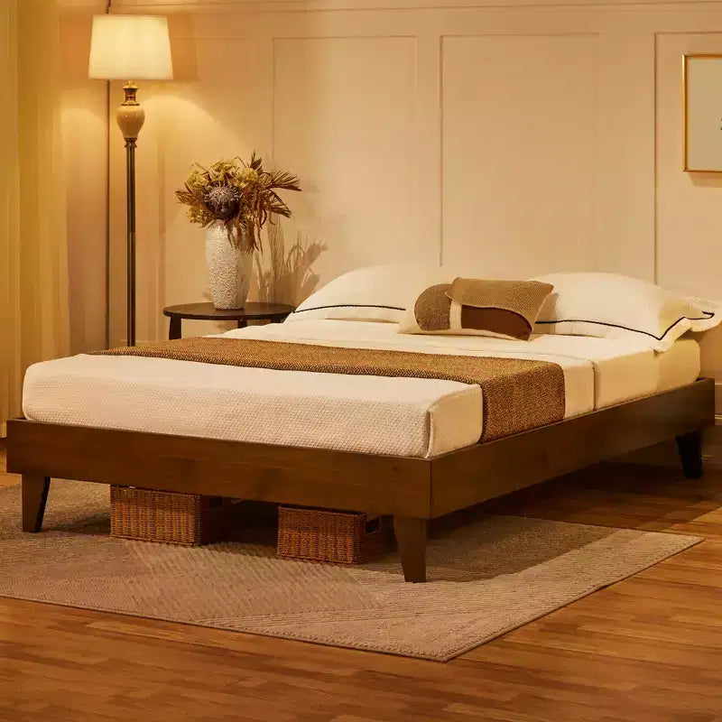 Base de cama de madera con plataforma y soporte de listones de madera