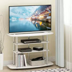 Soporte de TV de 4 niveles sin herramientas, centro de entretenimiento con capacidad para televisores de hasta 46", roble blanco