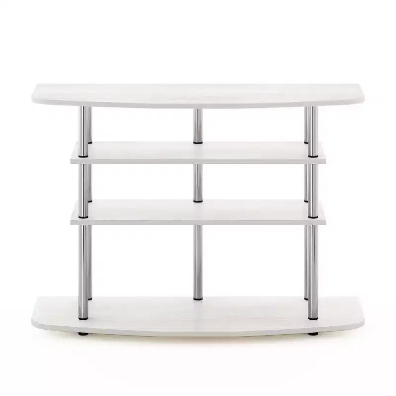 Soporte de TV de 4 niveles sin herramientas, centro de entretenimiento con capacidad para televisores de hasta 46", roble blanco