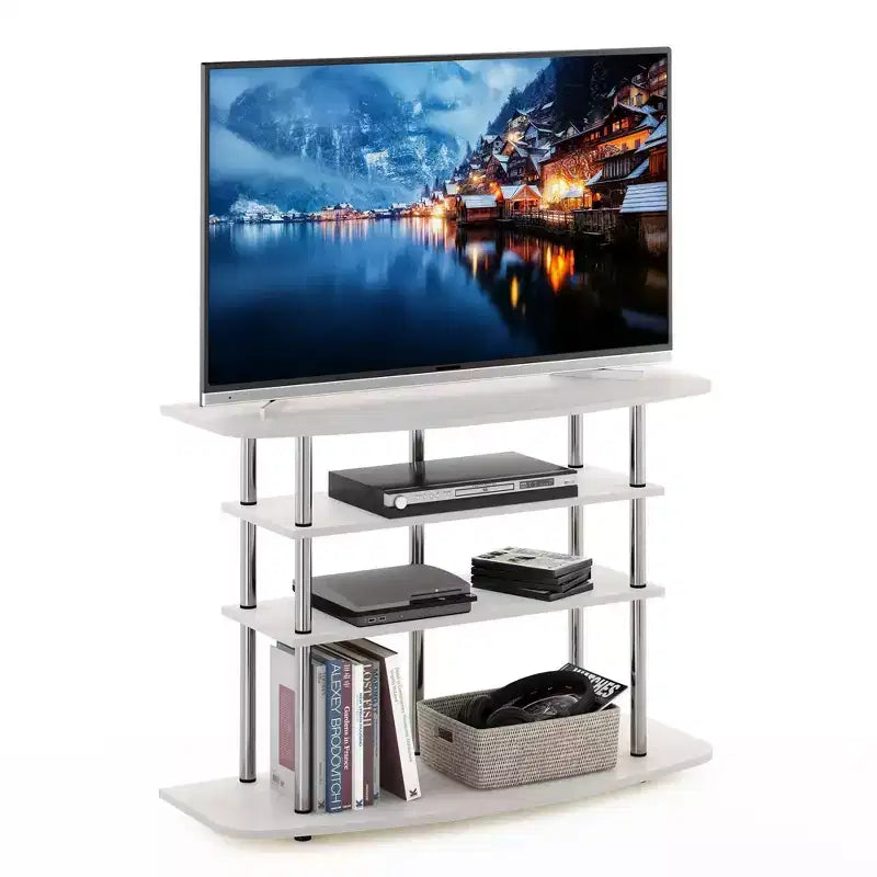 Soporte de TV de 4 niveles sin herramientas, centro de entretenimiento con capacidad para televisores de hasta 46", roble blanco