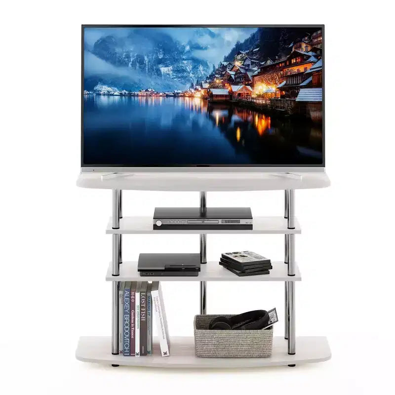 Soporte de TV de 4 niveles sin herramientas, centro de entretenimiento con capacidad para televisores de hasta 46", roble blanco