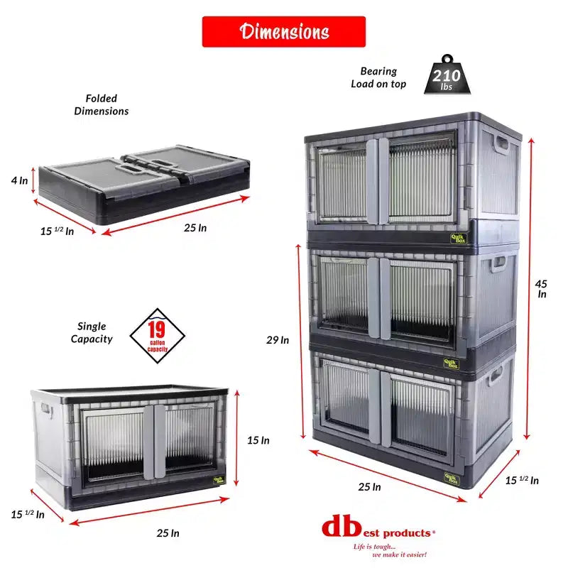 Cestas de almacenamiento apilables Quik Box con puertas, organizador plegable y contenedor plegable de 72 L - Paquete de 3