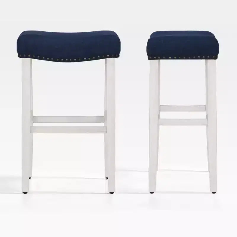 WestinTrends 29 Upholstered Saddle Seat Bar Stool (Set of 2), Antique White/Navy Blue