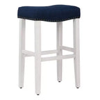 29 Taburete de bar con asiento tapizado tipo silla de montar, blanco antiguo/azul marino