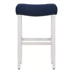 29 Taburete de bar con asiento tapizado tipo silla de montar, blanco antiguo/azul marino