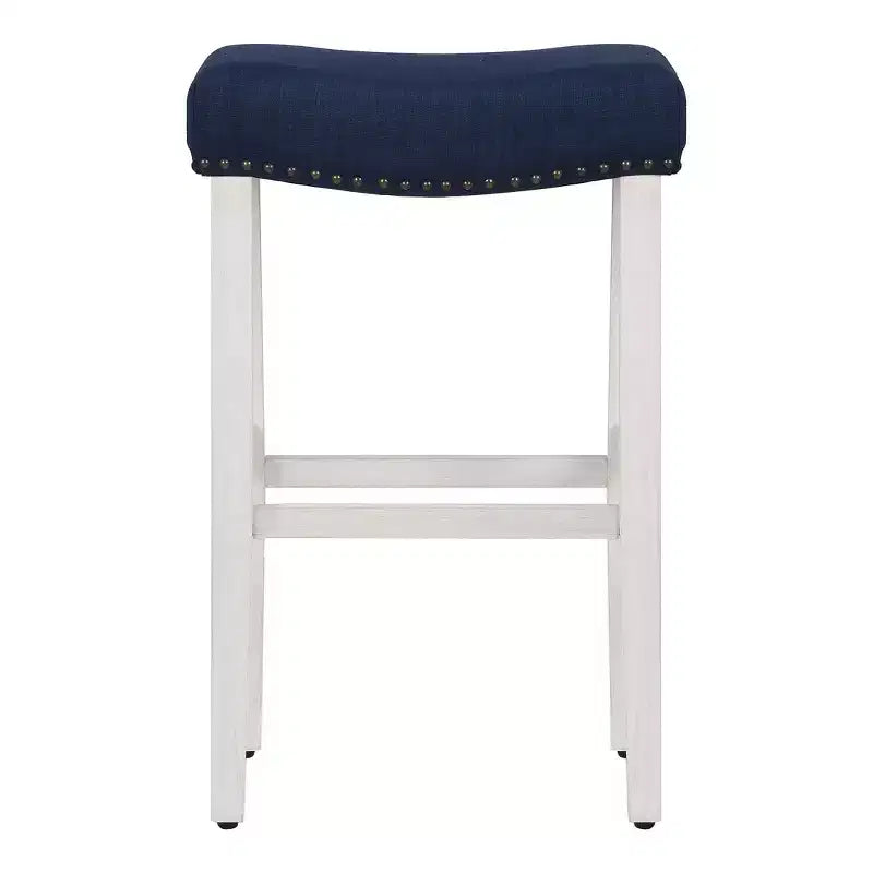 29 Taburete de bar con asiento tapizado tipo silla de montar, blanco antiguo/azul marino