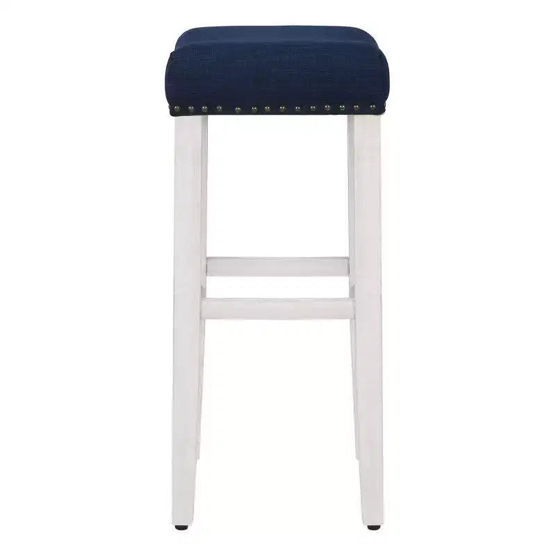 29 Taburete de bar con asiento tapizado tipo silla de montar, blanco antiguo/azul marino