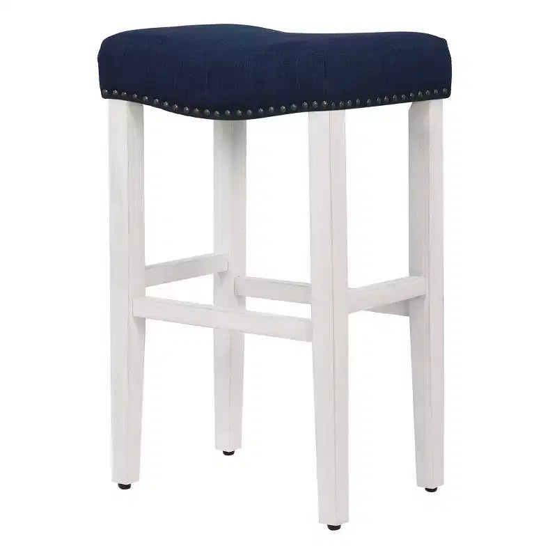 29 Taburete de bar con asiento tapizado tipo silla de montar, blanco antiguo/azul marino
