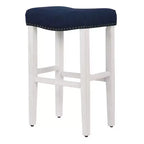 29 Taburete de bar con asiento tapizado tipo silla de montar, blanco antiguo/azul marino