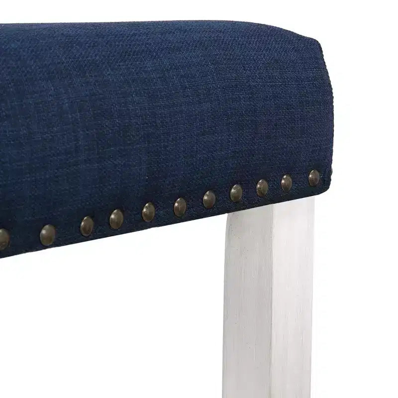 29 Taburete de bar con asiento tapizado tipo silla de montar, blanco antiguo/azul marino
