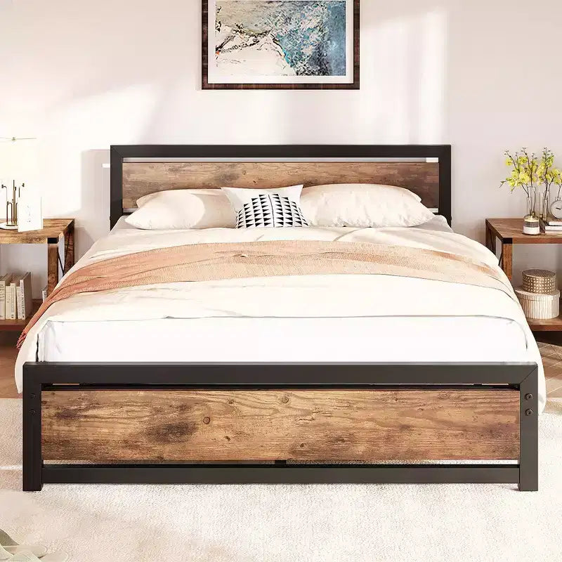 Whizmax Queen Size Bed Frame Platform, Industrial Queen Bedframe with Wooden Headboard No Box Spring Needed, Easy Assemble Noise Free Rustic Brown