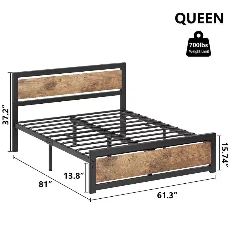 Base de cama Queen Size, plataforma de cama industrial con cabecero de madera, no requiere somier, marrón rústico sin ruidos