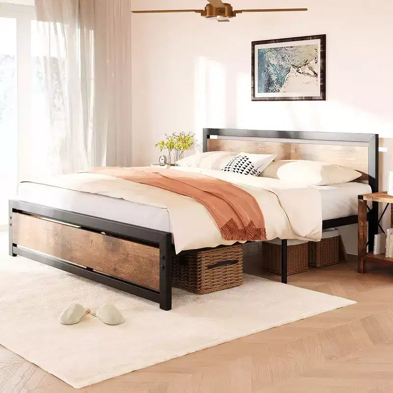 Base de cama Queen Size, plataforma de cama industrial con cabecero de madera, no requiere somier, marrón rústico sin ruidos