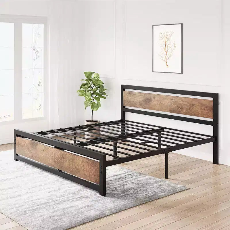 Base de cama Queen Size, plataforma de cama industrial con cabecero de madera, no requiere somier, marrón rústico sin ruidos
