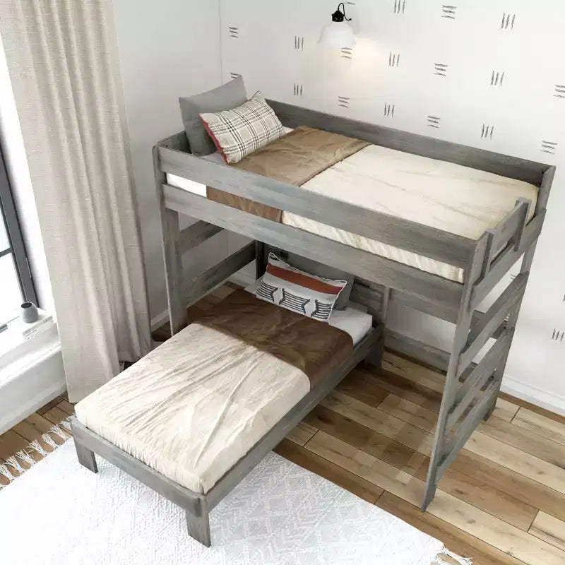 Litera en forma de L de madera maciza para adultos, tamaño individual sobre individual, estilo rústico