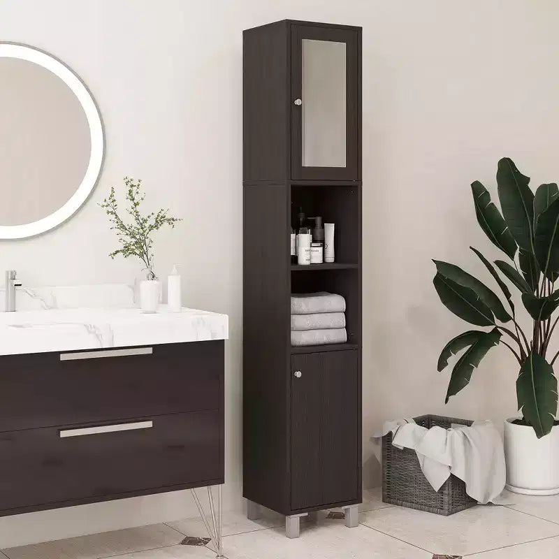Mueble Alto de Baño con Espejo, Armario de Torre de Madera Independiente con Estantes Ajustables