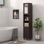 Mueble Alto de Baño con Espejo, Armario de Torre de Madera Independiente con Estantes Ajustables