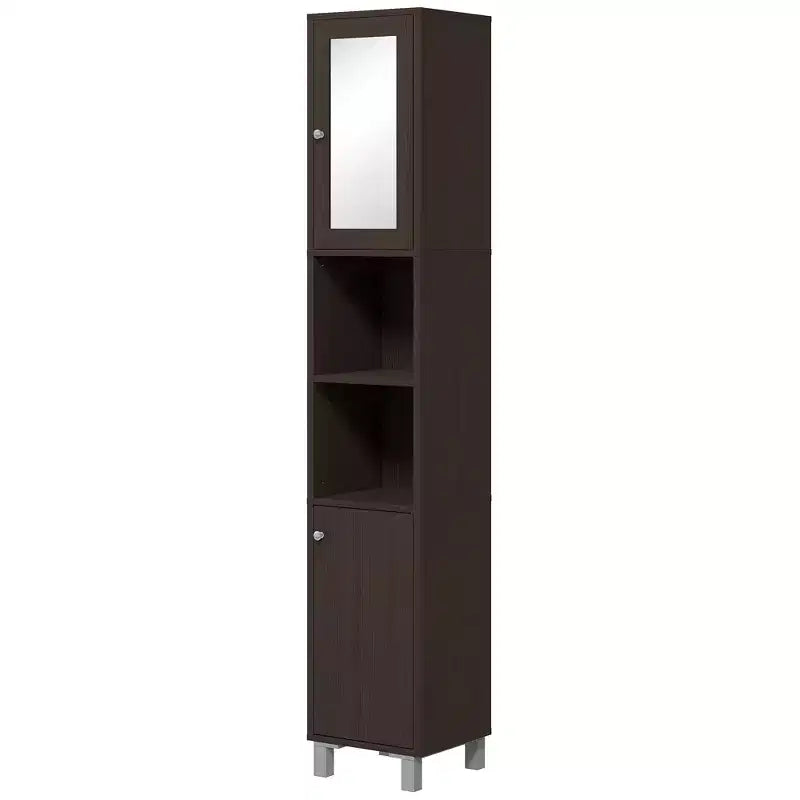 Mueble Alto de Baño con Espejo, Armario de Torre de Madera Independiente con Estantes Ajustables
