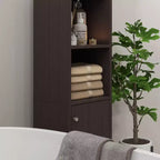 Mueble Alto de Baño con Espejo, Armario de Torre de Madera Independiente con Estantes Ajustables