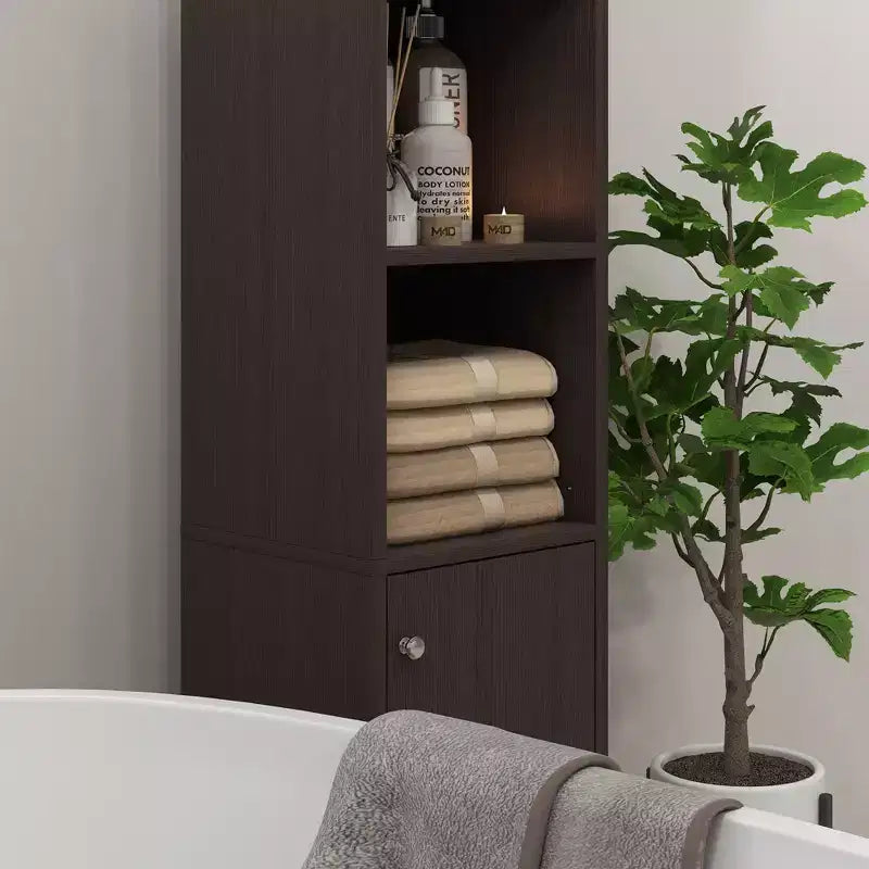 Mueble Alto de Baño con Espejo, Armario de Torre de Madera Independiente con Estantes Ajustables