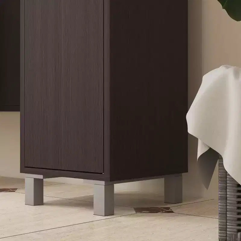Mueble Alto de Baño con Espejo, Armario de Torre de Madera Independiente con Estantes Ajustables