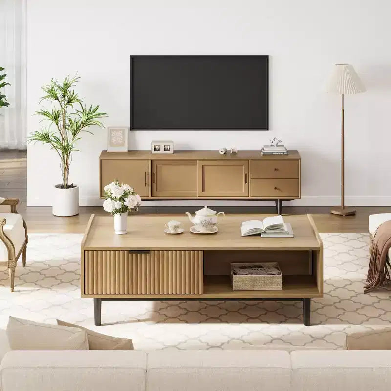 Mesa de Centro Mid Century Modern con Detalles Acanalados 108 cm (L) x 55 cm (An) x 40 cm (Al)