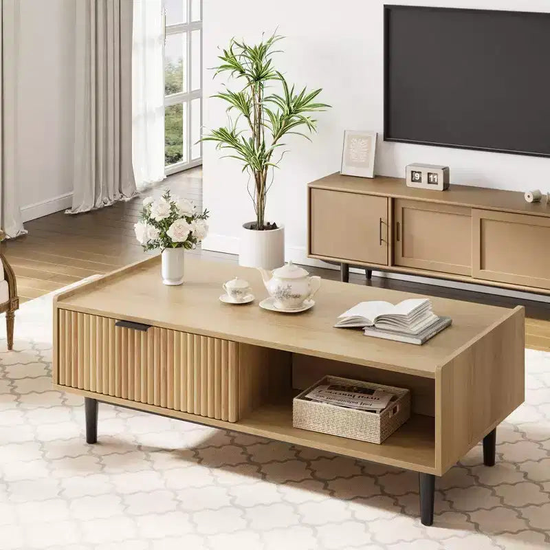 Mesa de Centro Mid Century Modern con Detalles Acanalados 108 cm (L) x 55 cm (An) x 40 cm (Al)