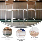 Taburetes de bar con estructura de metal y asientos y respaldos de madera maciza con acabado antiguo