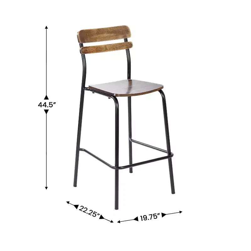 Taburetes de bar con estructura de metal y asientos y respaldos de madera maciza con acabado antiguo