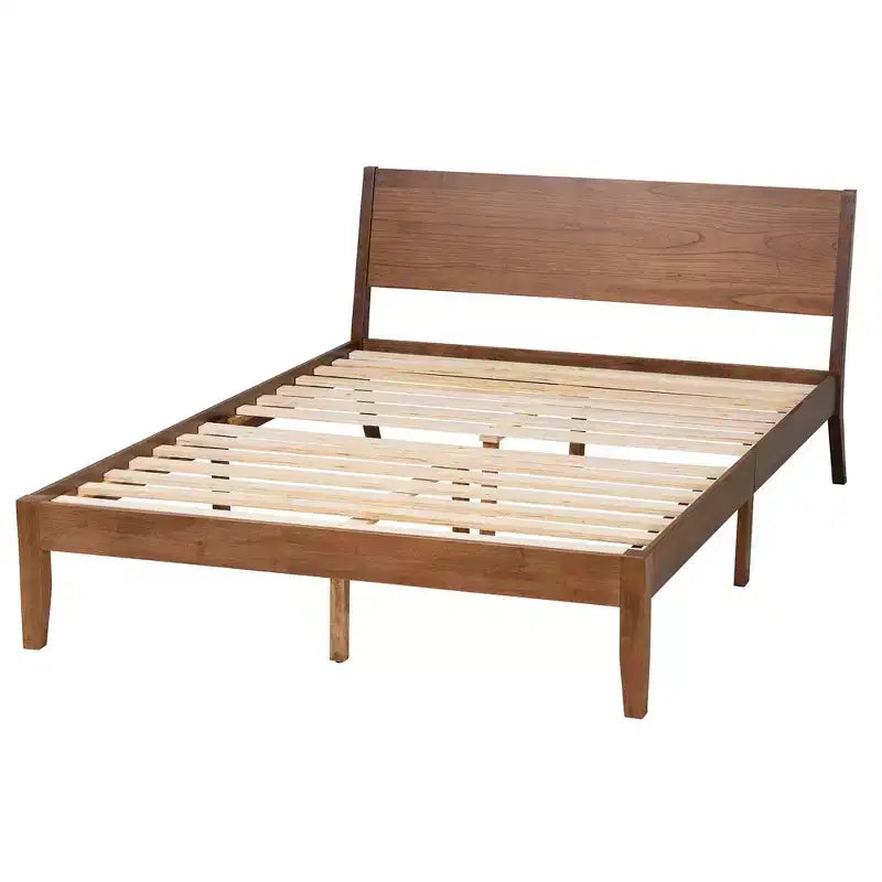 Cama tipo plataforma de madera con acabado nogal marrón moderno de mediados de siglo Salvatore