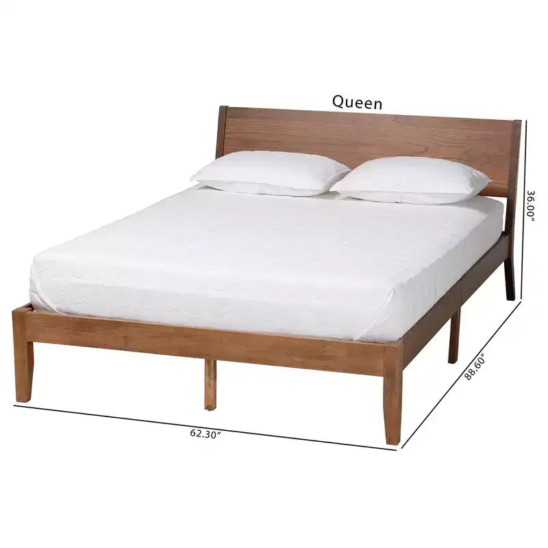 Cama tipo plataforma de madera con acabado nogal marrón moderno de mediados de siglo Salvatore