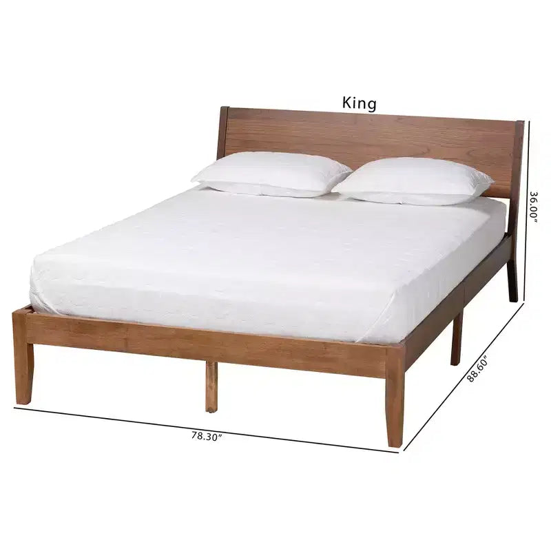 Cama tipo plataforma de madera con acabado nogal marrón moderno de mediados de siglo Salvatore