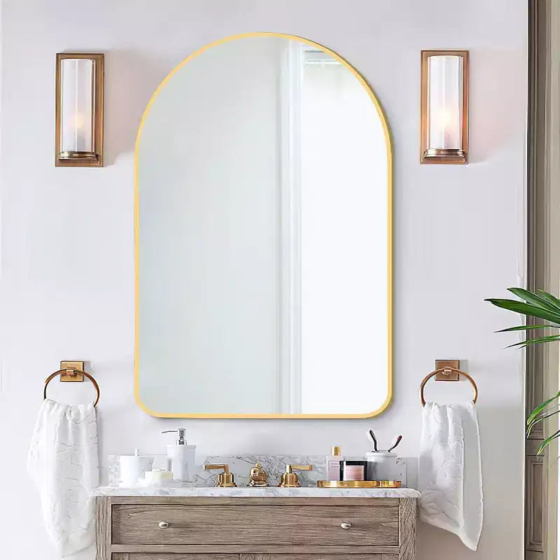 Espejo de baño moderno con marco de metal arqueado, espejo decorativo de pared