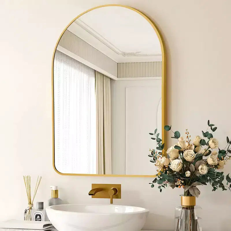 Espejo de baño moderno con marco de metal arqueado, espejo decorativo de pared