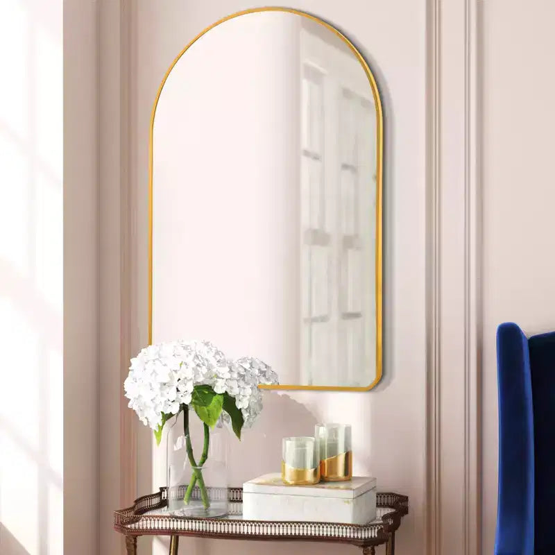 Espejo de baño moderno con marco de metal arqueado, espejo decorativo de pared