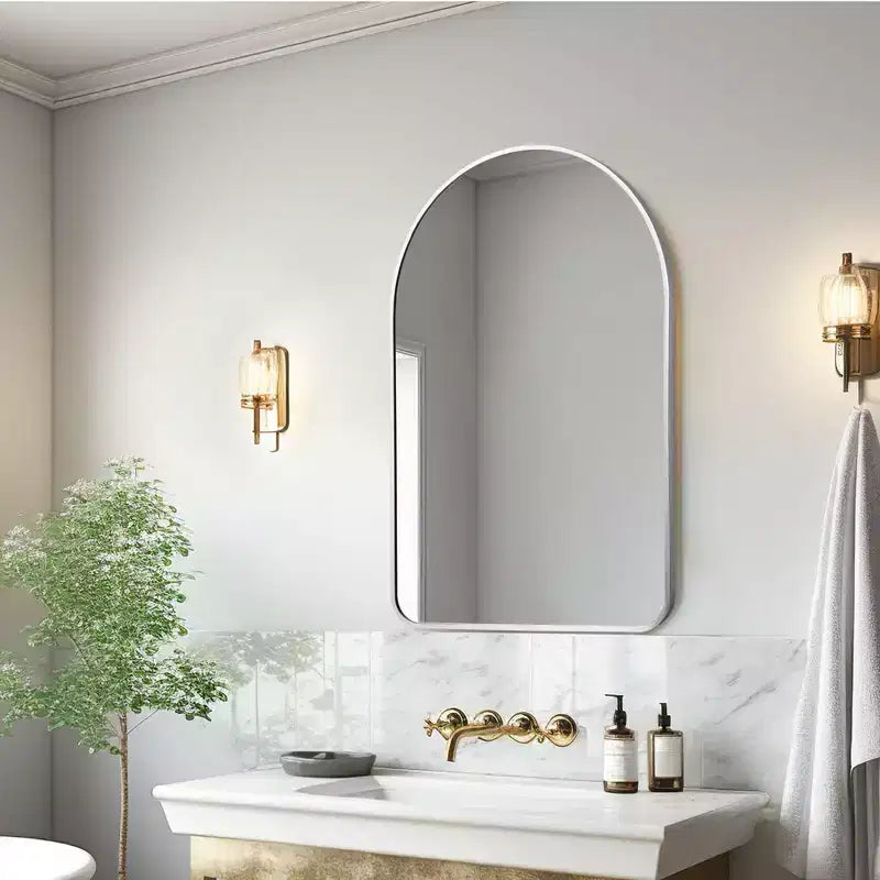 Espejo de baño moderno con marco de metal arqueado, espejo decorativo de pared