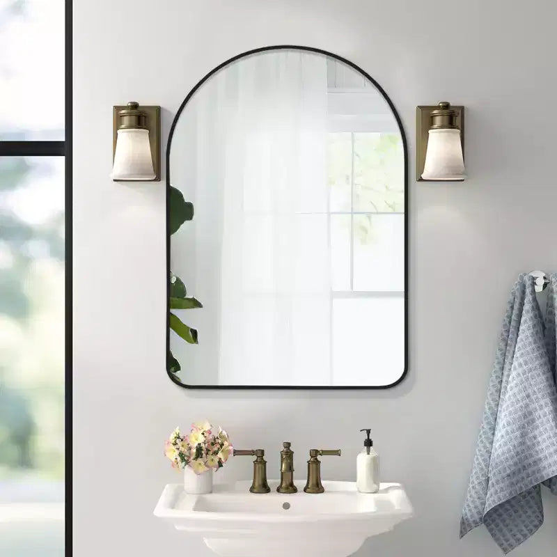 Espejo de baño moderno con marco de metal arqueado, espejo decorativo de pared